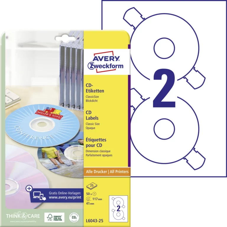 AVERY ZWECKFORM CD-Etiketten L6043-25 50 Stück permanent Ø 117 mm weiß