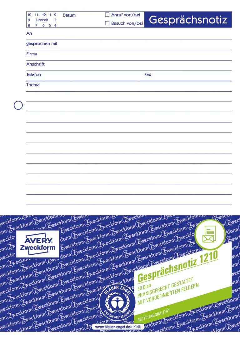 AVERY ZWECKFORM Gesprächsnotiz 1210 50 Blatt A5 ohne Durchschlag