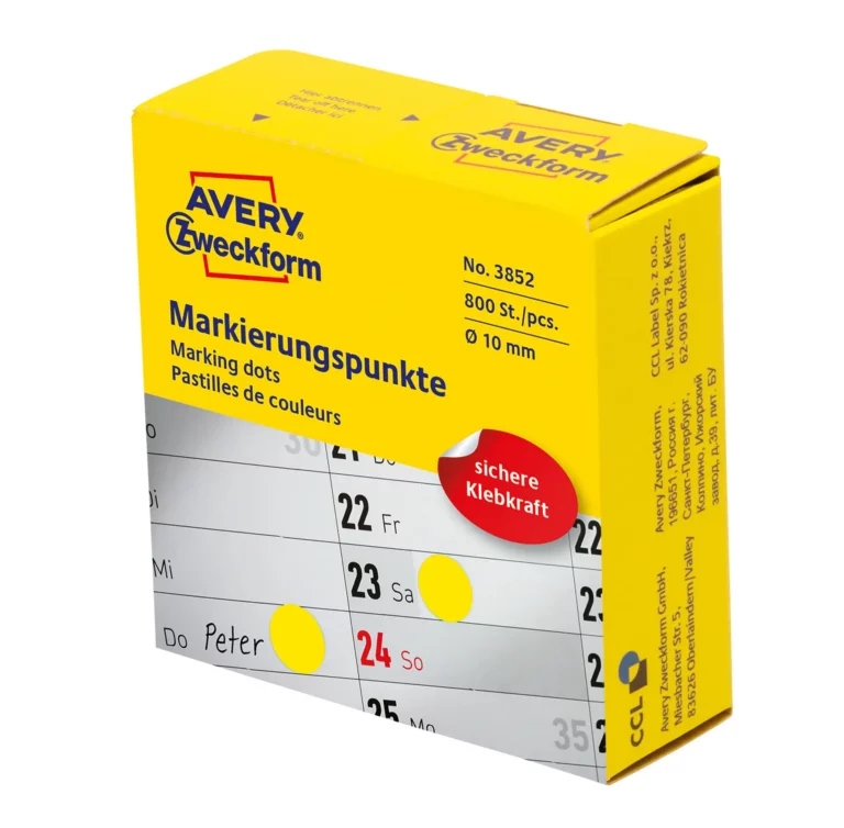 AVERY ZWECKFORM Markierungspunkte 3852 800 Stück im Spender permanent Ø 10 mm gelb