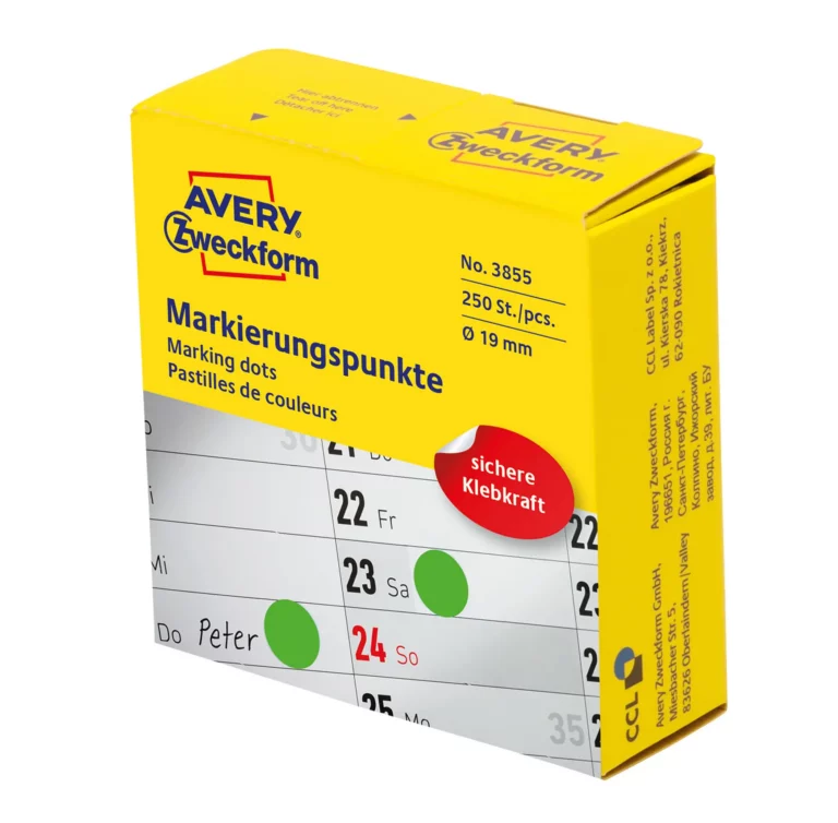 AVERY ZWECKFORM Markierungspunkte 3855 250 Stück im Spender permanent Ø 19 mm grün