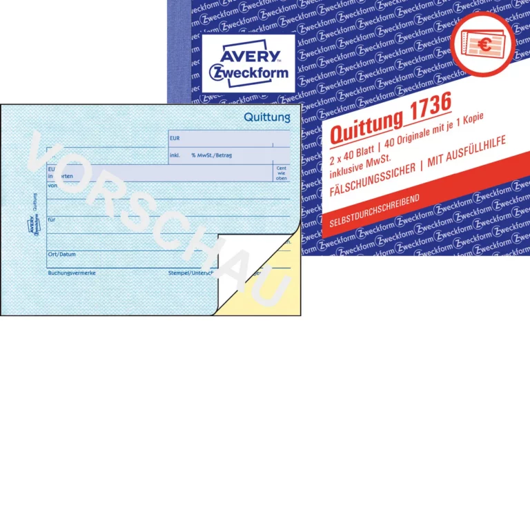 AVERY ZWECKFORM Quittung 1736 2x 40 Blatt A6 quer selbstdurchschreibend inkl. MwSt