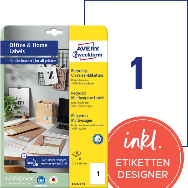 AVERY ZWECKFORM Recyclingetiketten LR3478 permanent 210 x 297 mm 100 Stück naturweiß