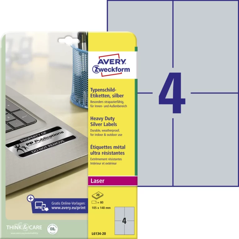 AVERY ZWECKFORM Typenschildetiketten L6134-20 80 Stück permanent 105 x 148 mm silber