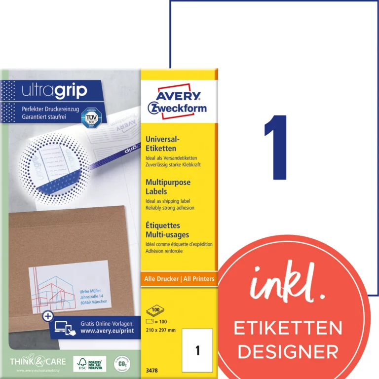 AVERY ZWECKFORM Universaletiketten ultragrip 3478-200 220 Stück permanent 210 x 297 mm weiß