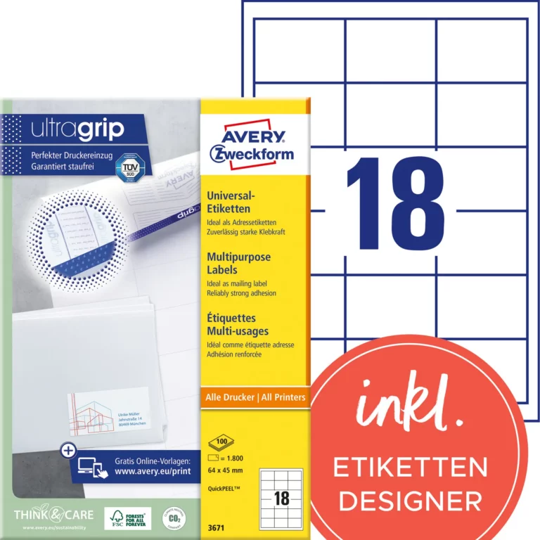 AVERY ZWECKFORM Universaletiketten ultragrip 3671 1.800 Stück permanent 64 x 45 mm weiß