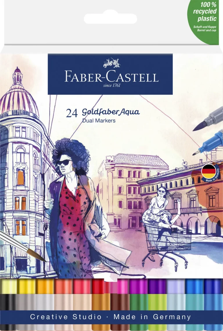 FABER-CASTELL Aqua-Dualmarker Goldfaber 24 Stück mit Pinsel- und Finelinerspitze farbig sortiert