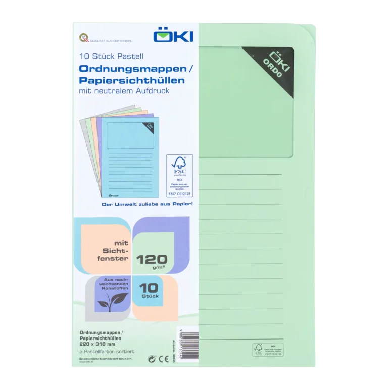 ÖKI Ordo-Mappen 10 Stück DIN A4 mit Sichtfenster 120 g/m² Pastellfarben sortiert