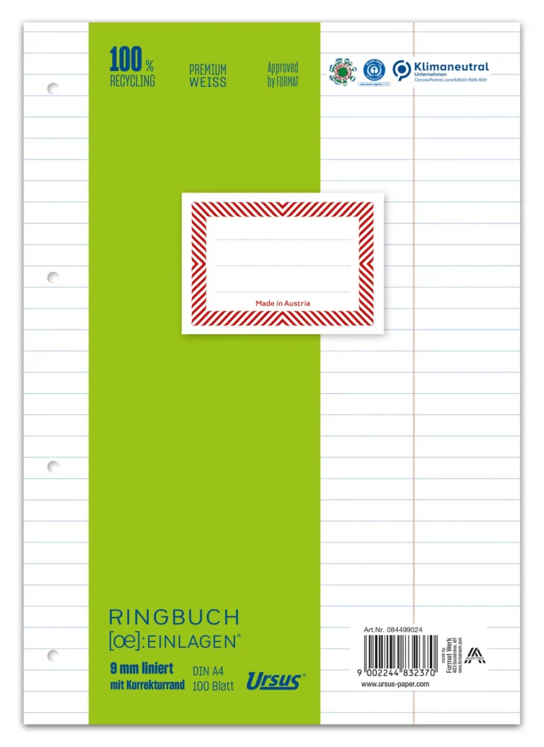 URSUS Ringbucheinlagen A4 100 Blatt 70 g/m² liniert mit Korrekturrand hochweiß